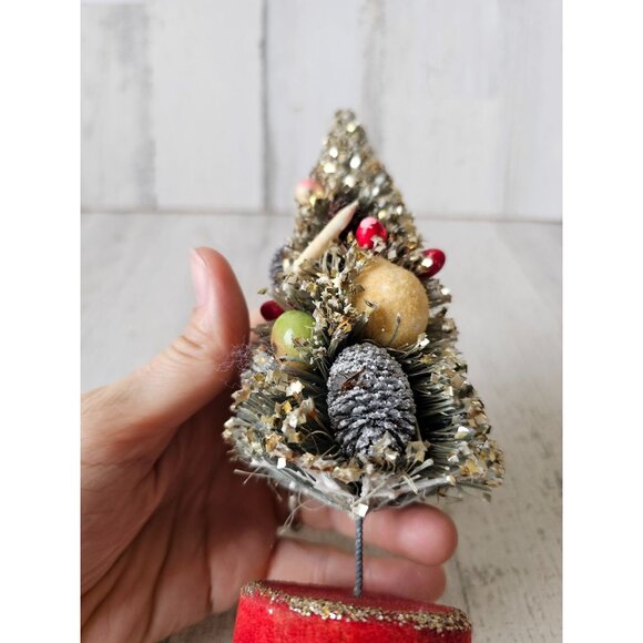 Vintage gold flocked fruit bottle mini tree Xmas pinecone decor - Picture 8 of 12
